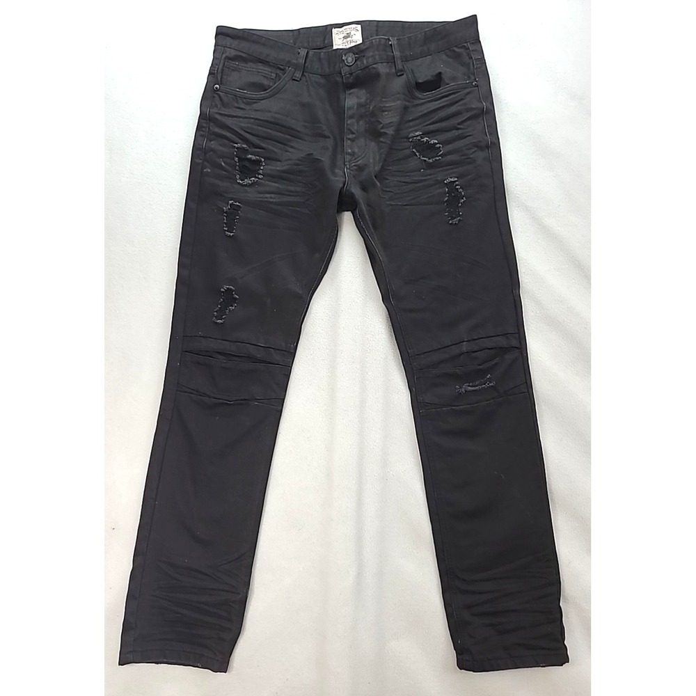 Smoke Rise Black Denim Jeans Skinny Leg Distressed‎ Moto 40x34